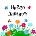 Hello Summer hand drawn lettering phrase with floral compositin on white background.