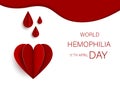 World Hemophilia Day card 17 april. Paper art vector illustration contains red bleeding heart on red background. Medical concept