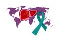 World hepatitis day illustration.Take care about your liver.Cirrhosis concept. Globe map and awareness ribbon. Royalty Free Stock Photo