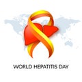 World hepatitis day. Liver. Hepatic disorder cirrhosis, hepatic cancer, hepatitis. Red yellow ribbon. Medical vector