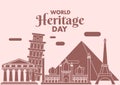World Heritage Day poster, Eiffel Tower, Parthenon, Great Pyramid, Tower of Pisa, Jama masjid illustration vector