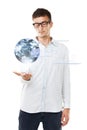 The world in his hands. A man holding a small globe in his hand with hipster glasses and a white background. Royalty Free Stock Photo