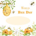 World Honey Bee Day. Watercolor card, banner, poster with Bees, flowers, honey and beehive. The illustration is hand