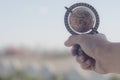 World in human hands. Sustain earth concept: Human hands holding global over blurred blue nature background. Elements of this Royalty Free Stock Photo