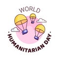 World Humanitarian Day - 19 August - square banner template. Parachutes delivering boxes with humanitarian help through clouds.