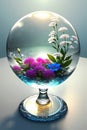 A world inside magic glass sphere, flowers water drops tree and grass inside glass ball. Generative Ai