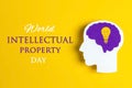 World Intellectual Property Day, april 26. Poster with head silhouette with a purple brain and light bulb Royalty Free Stock Photo