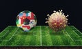 World international flag soccer ball complete with corona virus cell on green artificial soccer field.