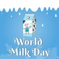 World international milk day vector illustration. Cartoon cow with bottle and glass of milk.