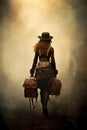 vintage, retro steampunk woman with long auburn hair walking away in the foggy city streets. Royalty Free Stock Photo