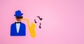 World Jazz Day. Silhouette of a musician with a saxophone on a pink background, cutted out of felt. Flat lay. Banner. Copy space