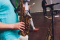 World Jazz festival. Saxophone, music instrument played by saxophonist player musician in fest.