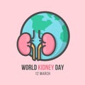 World kidney day banner with human kidney and globe Line Filled style on soft pink background vector design