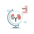 World kidney day with earth globe and clouds in spanish text. Vector illustration