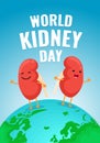 World kidney day poster with cartoon characters joyful jumping on Earth map. International human healthy kidneys care