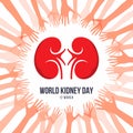 World kidney day with red human kidney sign in abstracct hand around circle frame vector design Royalty Free Stock Photo