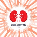 World kidney day with red human kidney sign in abstracct hand around circle frame vector design Royalty Free Stock Photo