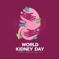 World kidney day - Two hand hug pink kidney with leafs and cross plus around on dark pink background vector design