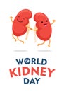 World kidney day vertical poster with cartoon characters joyful jumping. International human healthy kidneys care