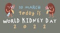 World Kidney health day, awareness medical poster. Care, prevention of kidney disease. Cute cartoon kidneys characters