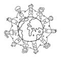 World kids cartoon stick figure blac line drawing Royalty Free Stock Photo