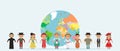 World kids. International friendship day! Vector illustration of diverse Children Holding Hands around the planet Royalty Free Stock Photo