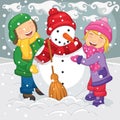 Vector Illustration Of Kids Making Snowman