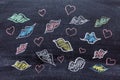 World kiss day. Drawing of many lips and hearts on a chalkboard
