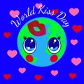 World Kiss Day. 6 July. Kawai style - eyes and lips. Planet Earth, hearts. Kiss print