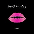 World Kiss Day. 6 July. Watercolor pink lips. Imprint of lips and kiss. Print. Vector illustration on a black background Royalty Free Stock Photo