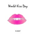 World Kiss Day. 6 July. Watercolor pink lips. Imprint of lips and kiss. Print. Vector illustration on isolated background. Royalty Free Stock Photo