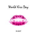 World Kiss Day. 6 July. Watercolor pink lips. Imprint of lips and kiss. Print. Vector illustration on isolated background. Royalty Free Stock Photo