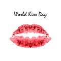 World Kiss Day. 6 July. Watercolor red lips. Imprint of lips and kiss. Print. Vector illustration on isolated background Royalty Free Stock Photo
