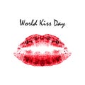 World Kiss Day. 6 July. Watercolor red lips. Imprint of lips and kiss. Print. Vector illustration on isolated background Royalty Free Stock Photo