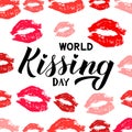 World Kissing day hand lettering with red and pink lipstick kiss isolated on white. Imprints of lips. Easy to edit template for Royalty Free Stock Photo