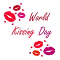 World kissing day lettering with lips and hearts.