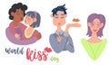 World Kissing Day. Two couples, one hugs and kisses, and the second flirts and blows a kiss. valentine's day