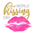 World kissing day vector card with pink lip imprint and lettering