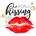 World kissing day vector card with red lip imprint and lettering