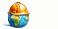 World labor day concept. Watercolor Planet Earth in helmet on white banner.