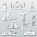 World landmarks, abstract flat paper icons set