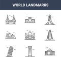 9 world landmarks icons pack. trendy world landmarks icons on white background. thin outline line icons such as white house, the