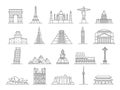 World landmarks line icons, big ben, eiffel tower and pyramids. Europe famous monuments, italy, france and england