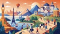 World Landmarks and People Enjoying Scenic Sunset Illustration