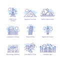 World landmarks. Travel destination thin icons set