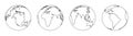 World in line style. Outline earth icons. Simple globes with countries. Black planet on white background. Silhouette of maps for