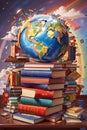 A detailed painting of a globe surrounded by a rainbow of books, representing the importance of literacy for all nations.