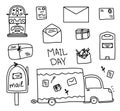 World Mail Day, a collection of letters and parcels, a set of mailboxes, a car delivers mail, parcel delivery, a set of Royalty Free Stock Photo