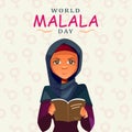 World Malala Day, 12th July, Malala Yousafzai, women reading book, education, illustration vector