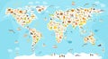 World mammal map. Beautiful cheerful colorful vector illustration for children and kids. Royalty Free Stock Photo
